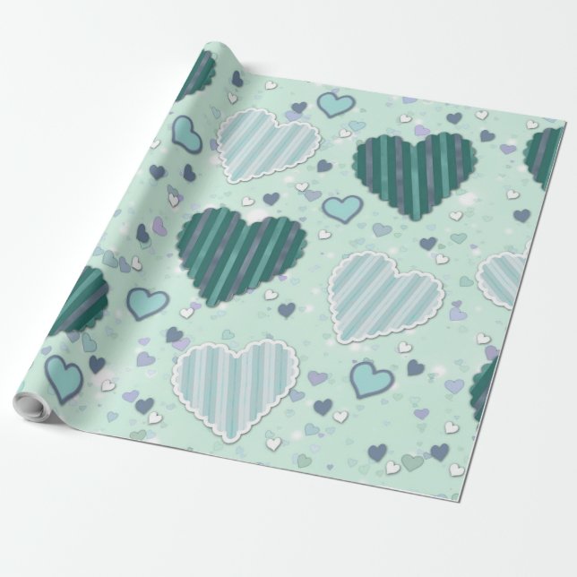 Mint Green Patchwork Hearts Wrapping Paper (Unrolled)