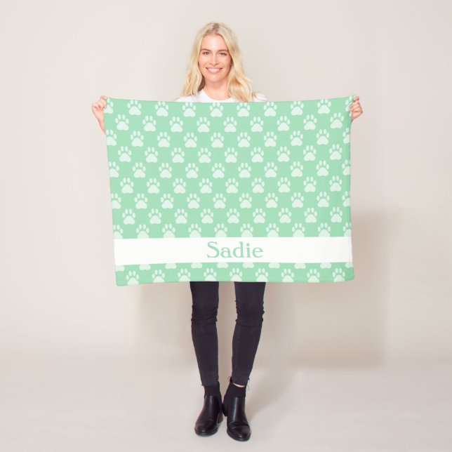 Mint Green Paw Prints Pattern With Custom Name Fleece Blanket (In Situ)