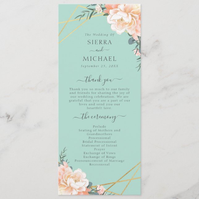 Mint Green Peach Cream Gold Geometric Wedding Program (Front)