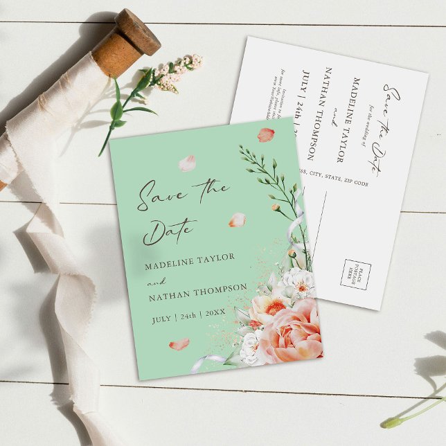 Mint Green & Peach Floral Botanical Save The Date Announcement Postcard (Creator Uploaded)