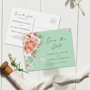 Mint Green & Peach Floral Save the Date Postcard