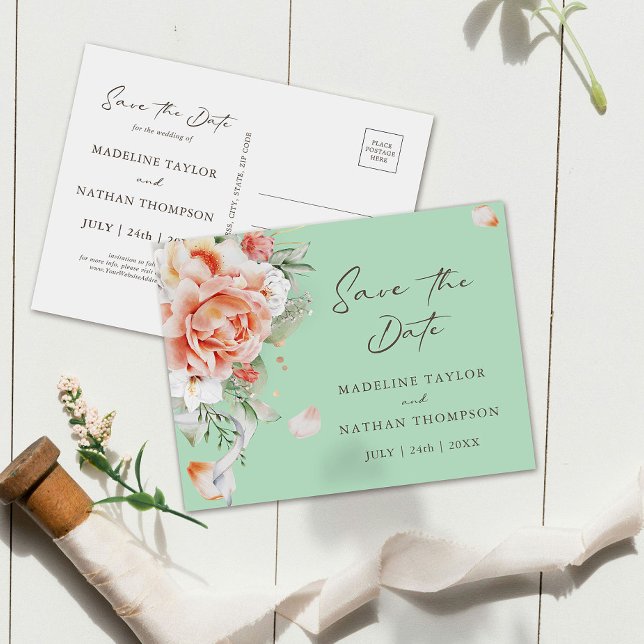 Mint Green & Peach Floral Save the Date Postcard (Creator Uploaded)