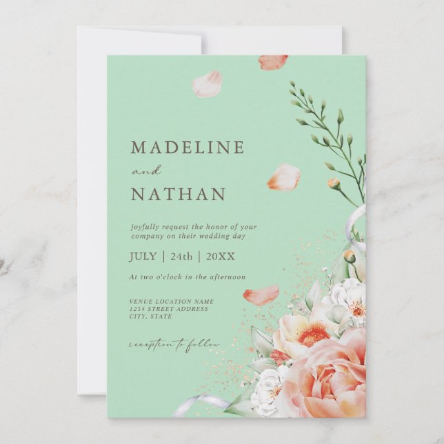 Mint Green & Peach Floral Wedding Invitation (Front)