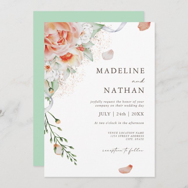 Mint Green, Peach & White Floral Wedding Invitation (Front/Back)