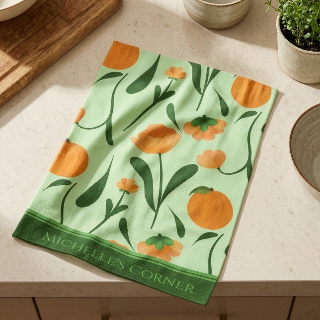 Mint Green Peaches And Flowers Tea Towel (Wipe, wash, repeat. Michelle’s Corner custom dish cloth adds floral fun to daily chores.)