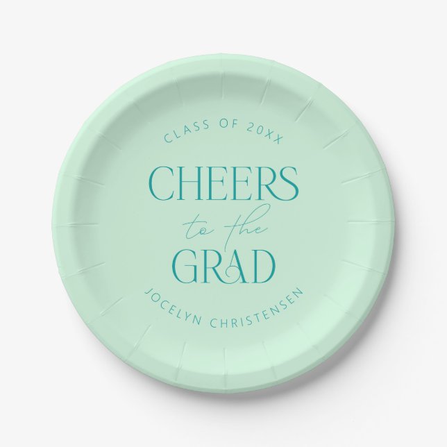 Mint Green Personalised Cheers Grad Party Paper Plate (Front)