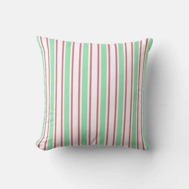 Mint green, pink and white candy stripes cushion (Front)