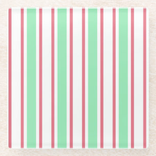 Mint green, pink and white candy stripes glass coaster