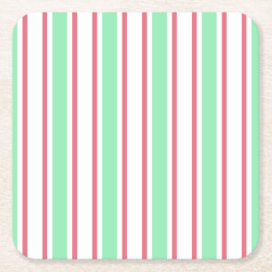 Mint green, pink and white candy stripes square paper coaster
