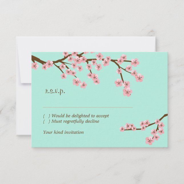 Mint Green & Pink Cherry Blossom Modern RSVP Card (Front)