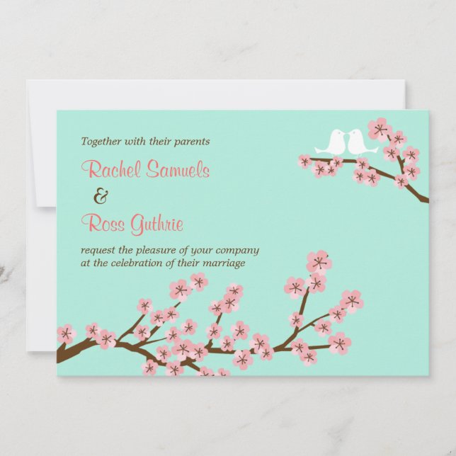 Mint Green & Pink Cherry Blossom Modern Wedding Invitation (Front)