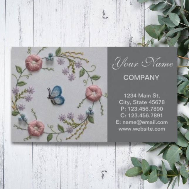 mint green pink Embroidery Floral blue Butterfly Business Card (mint green pink Embroidery Floral blue Butterfly Business Card)