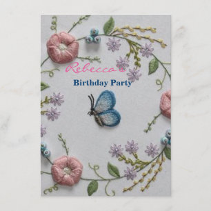 mint green pink Embroidery Floral blue Butterfly Invitation
