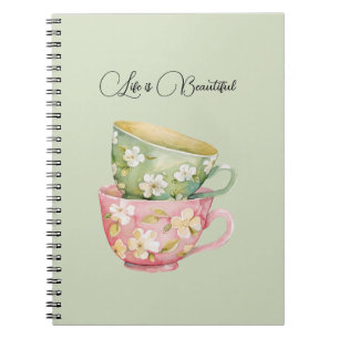 Mint Green Pink Floral Cups Notebook