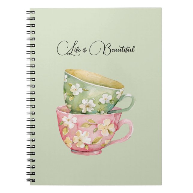 Mint Green Pink Floral Cups Notebook (Front)