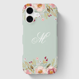 Mint Green Pink Floral Custom Initial Monogram
