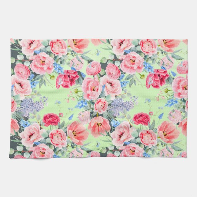 Mint Green Pink Floral Kitchen Towel (Horizontal)