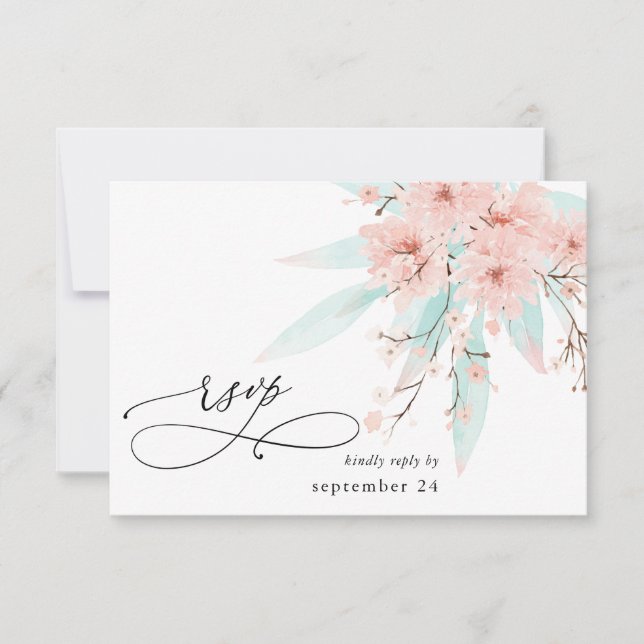 Mint Green & Pink Floral on White w Meal RSVP 2 Card (Front)