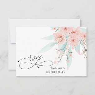 Mint Green & Pink Floral on White w Meal RSVP 2 Card