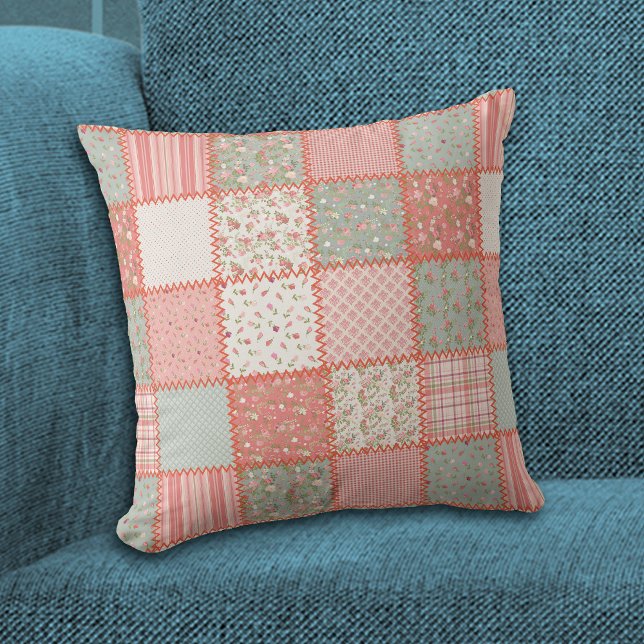 Mint Green Pink Floral Patchwork Quilt Pattern Cushion (Creator Uploaded)