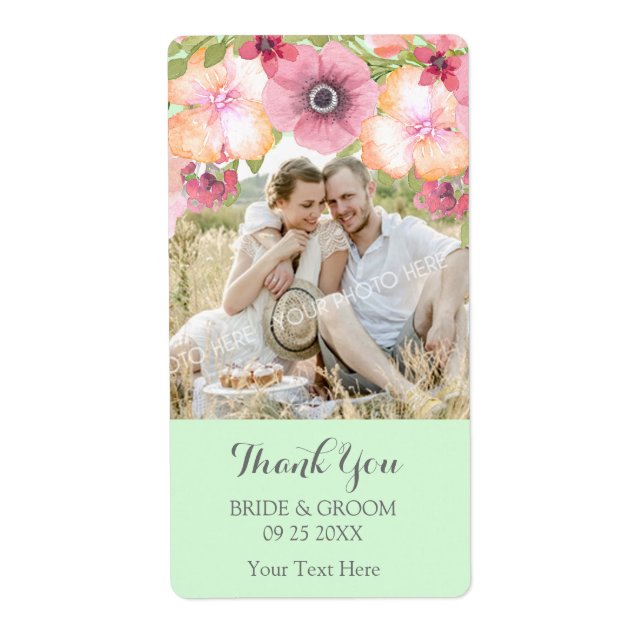 Mint Green Pink Floral Photo Wedding Label (Front)