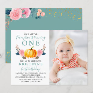 Mint Green Pink Floral Pumpkin 1st Birthday Photo Invitation