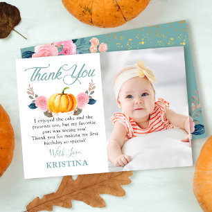Mint Green Pink Floral Pumpkin Fall Birthday Photo Thank You Card