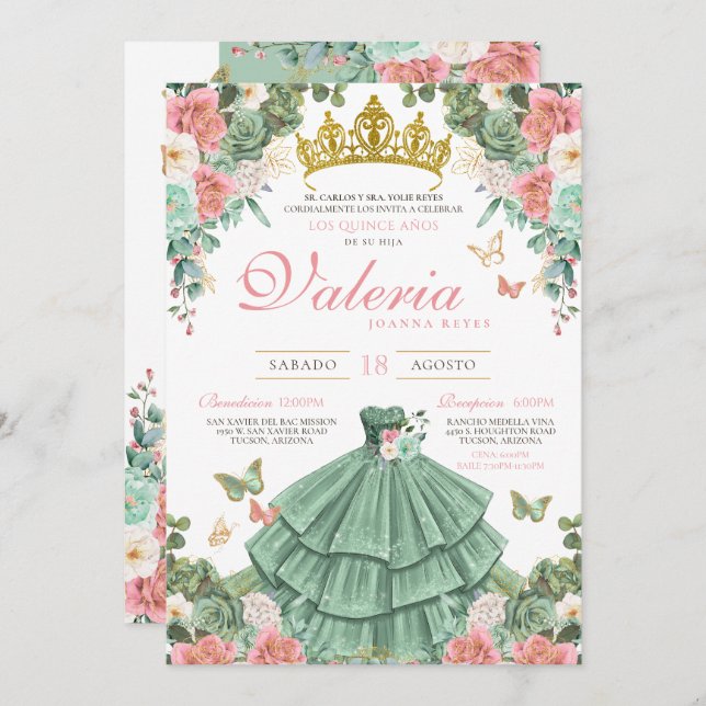 Mint Green Pink Gold Elegant Princess Quinceanera Invitation (Front/Back)