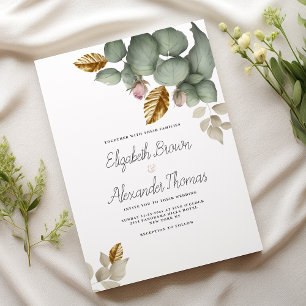 Mint green pink gold foliage floral Wedding Invitation
