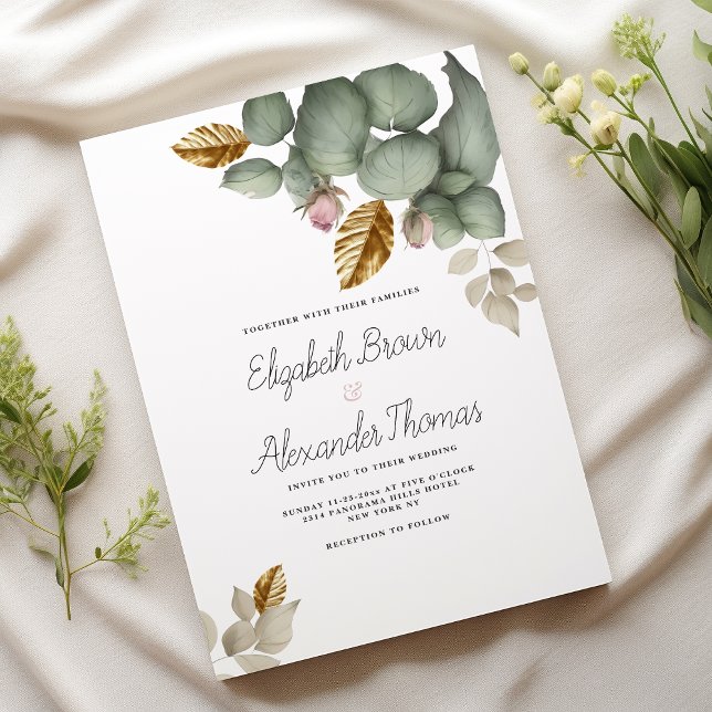 Mint green pink gold foliage floral Wedding Invitation (Mint green pink gold foliage floral Wedding )