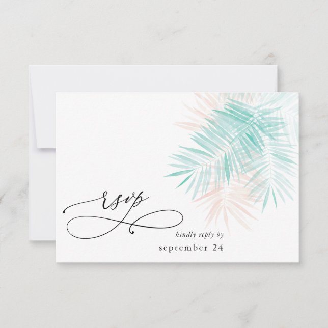 Mint Green & Pink Palm Leaf on White w Meal RSVP (Front)