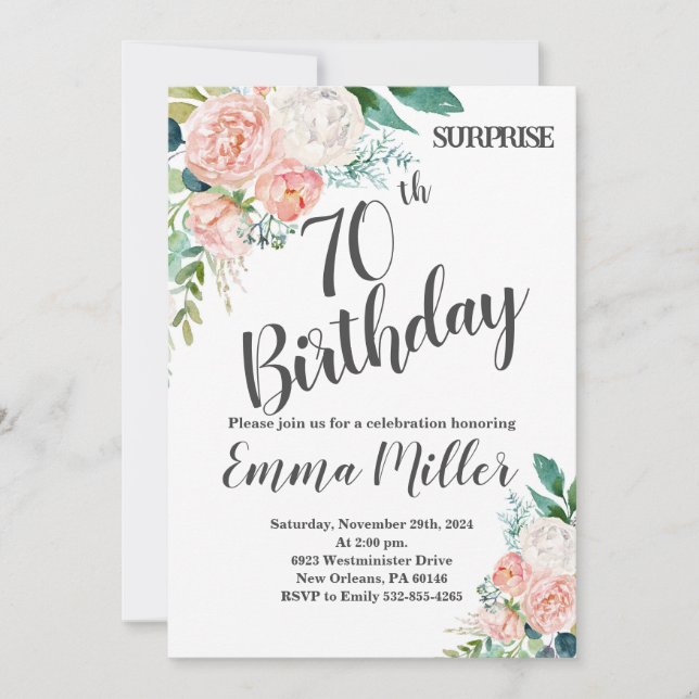 Mint Green & Pink Peonies 70th Birthday Invitation (Front)