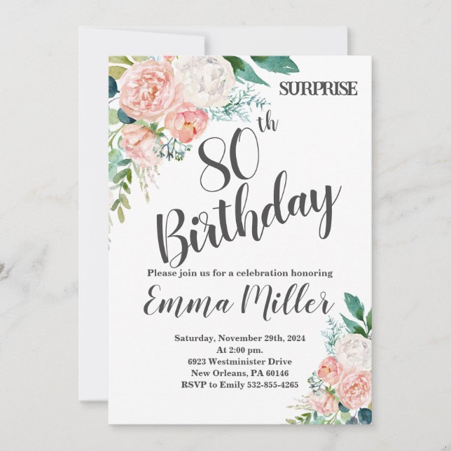 Mint Green & Pink Peonies 80th Birthday Invitation (Front)