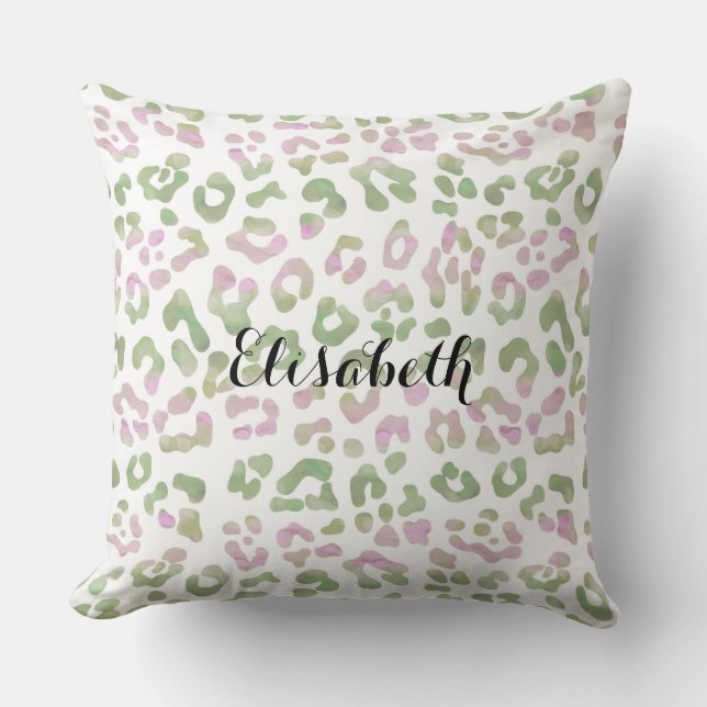 Mint Green Pink Watercolor Leopard Print Cushion (Front)