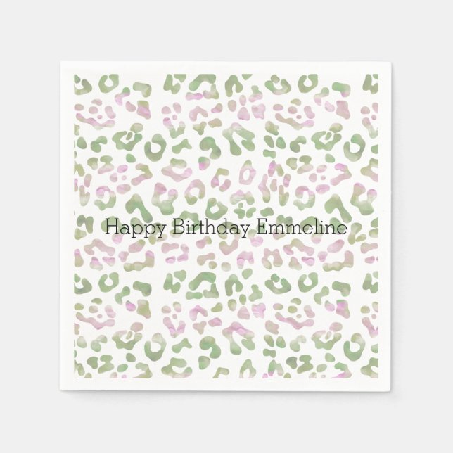Mint Green Pink Watercolor Leopard Print Napkin (Front)