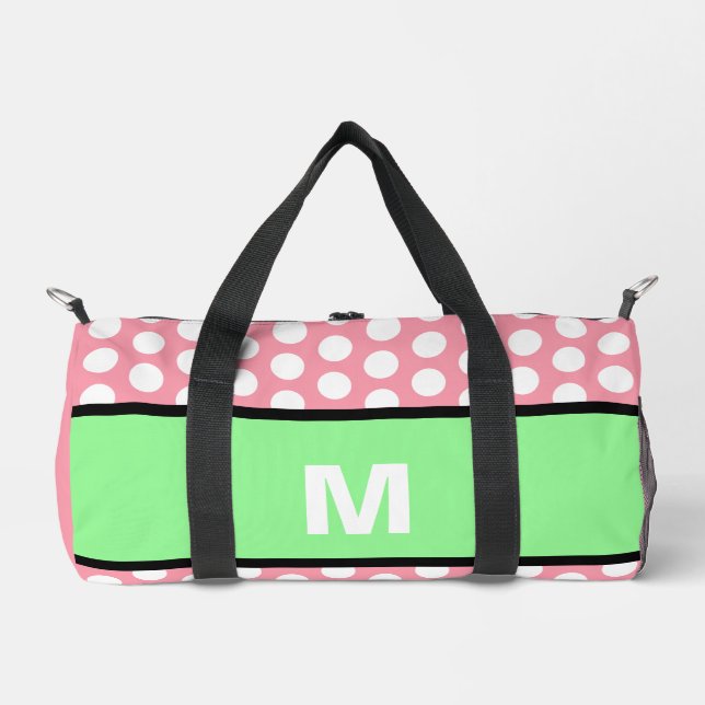 Mint Green Pink White Polka Dots Monogram Duffle Bag (Front)