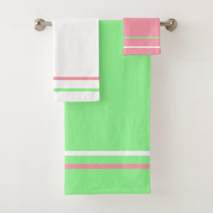 Mint Green Pink White Stripes Geometric Pattern Bath Towel Set