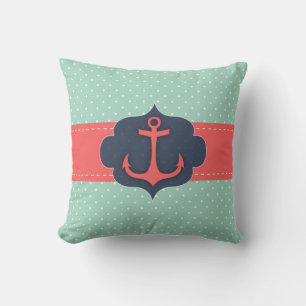 Mint Green Polka Dot Coral Pink Anchor Cushion