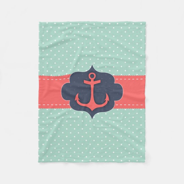 Mint Green Polka Dot Coral Pink Anchor Fleece Blanket (Front)