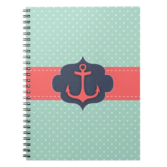 Mint Green Polka Dot Coral Pink Anchor Notebook (Front)