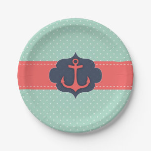 Mint Green Polka Dot Coral Pink Anchor Paper Plate