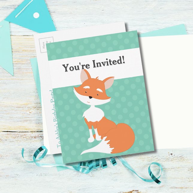 Mint Green Polka-Dots•Woodland Fox•Custom Invitation Postcard (Creator Uploaded)