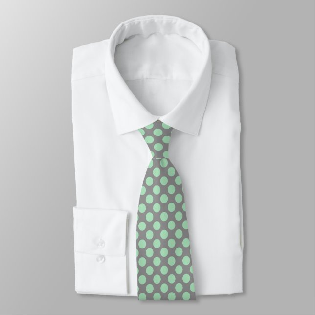 Mint-Green PolkaDots Patter Custom Grey Background Tie (Tied)
