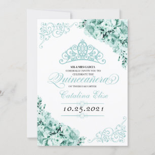 Mint Green Princess Crown Quinceanera Birthday Invitation