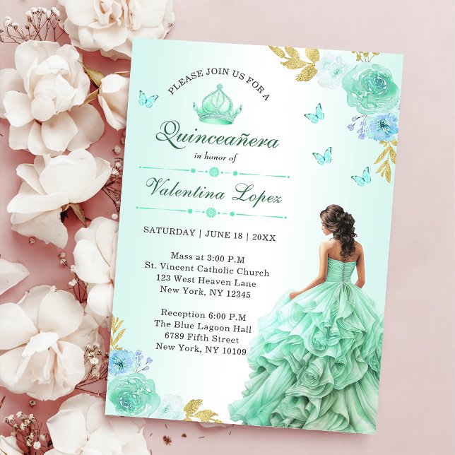 Mint Green Princess Dress Quinceañera Birthday Invitation (Creator Uploaded)