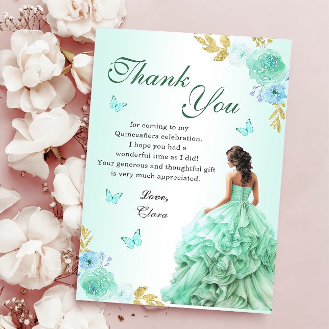 Mint Green Princess Dress Quinceañera Birthday Thank You Card (Creator Uploaded)
