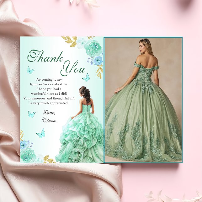 Mint Green Princess Dress Quinceañera Birthday Thank You Card (Creator Uploaded)