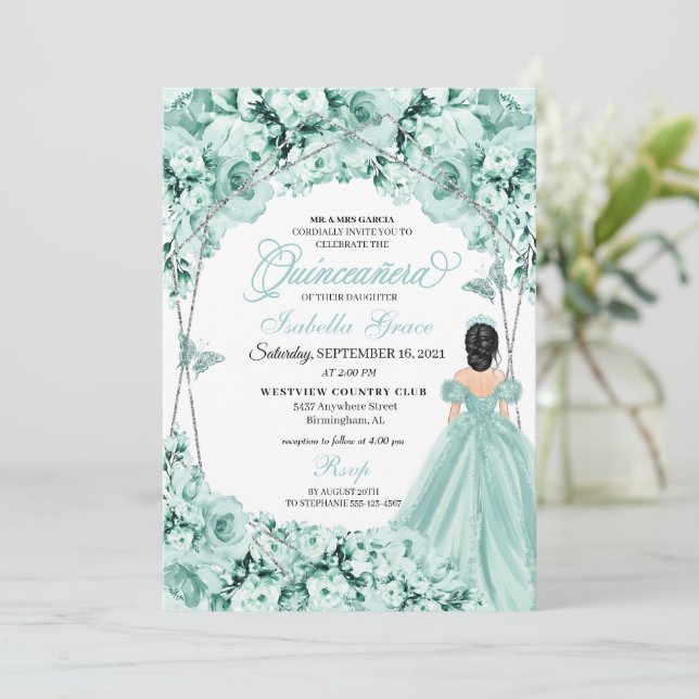 Mint Green Princess Dress Quinceanera Invitation (Standing Front)