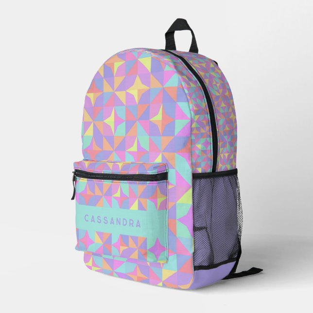 Mint Green Purple Blue Pink Midcentury Pattern Printed Backpack (Back Corner Right)