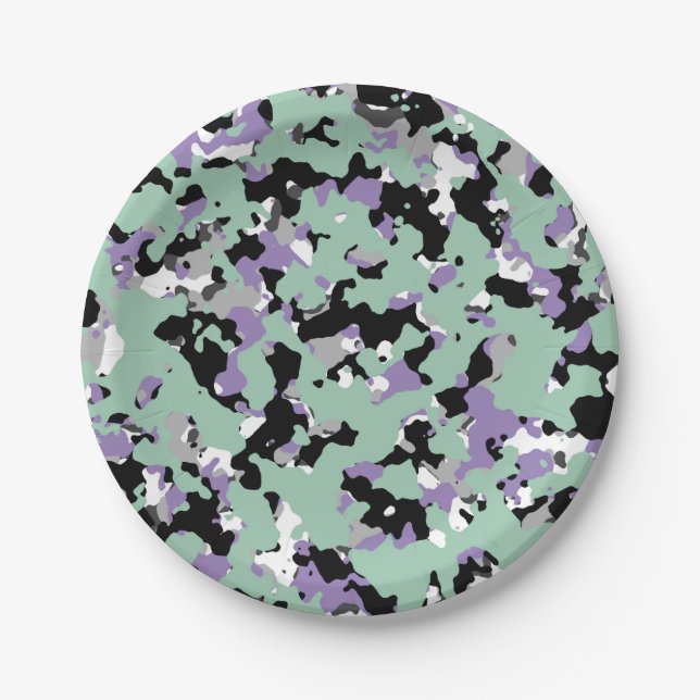 Mint Green & Purple Camouflage Camo Print Party Paper Plate (Front)